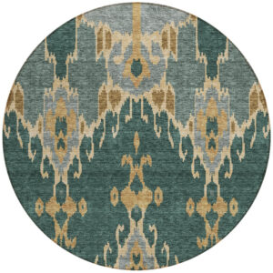 8' Green Gray And Gold Round Ikat Washable Indoor Outdoor Area Rug