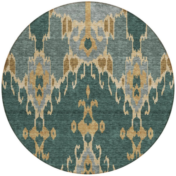 8' Green Gray And Gold Round Ikat Washable Indoor Outdoor Area Rug