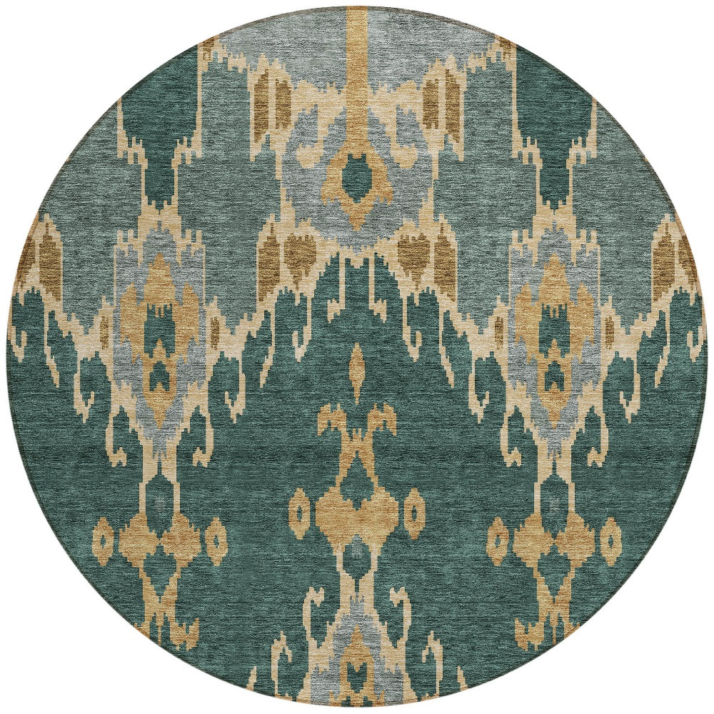8' Green Gray And Gold Round Ikat Washable Indoor Outdoor Area Rug
