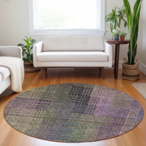 8' Plum Olive Green And Lavender Round Abstract Washable Indoor Outdoor Area Rug