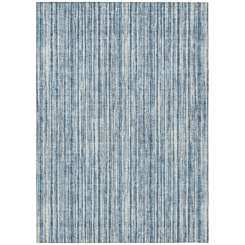 5' X 8' Blue And Ivory Striped Washable Indoor Outdoor Area Rug