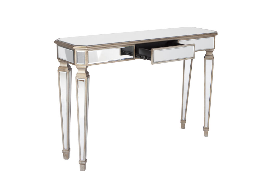 47" Silver and Gold Mirrored Glass Console Table With Drawer