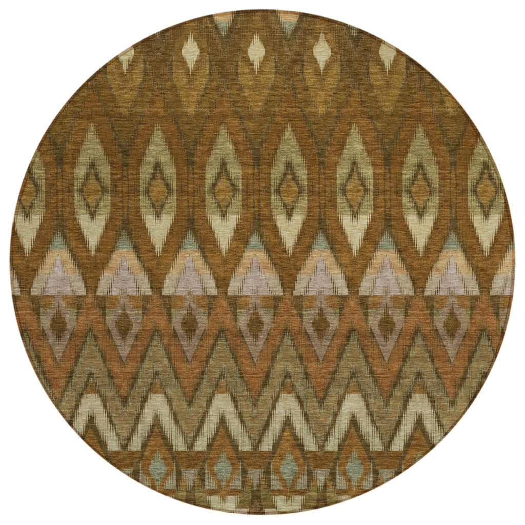 8' Brown Beige And Artichoke Green Round Southwestern Washable Indoor Outdoor Area Rug