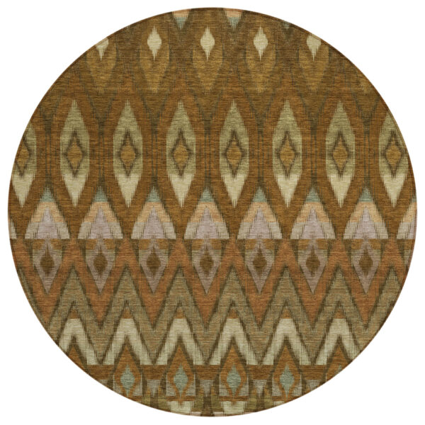 8' Brown Beige And Artichoke Green Round Southwestern Washable Indoor Outdoor Area Rug