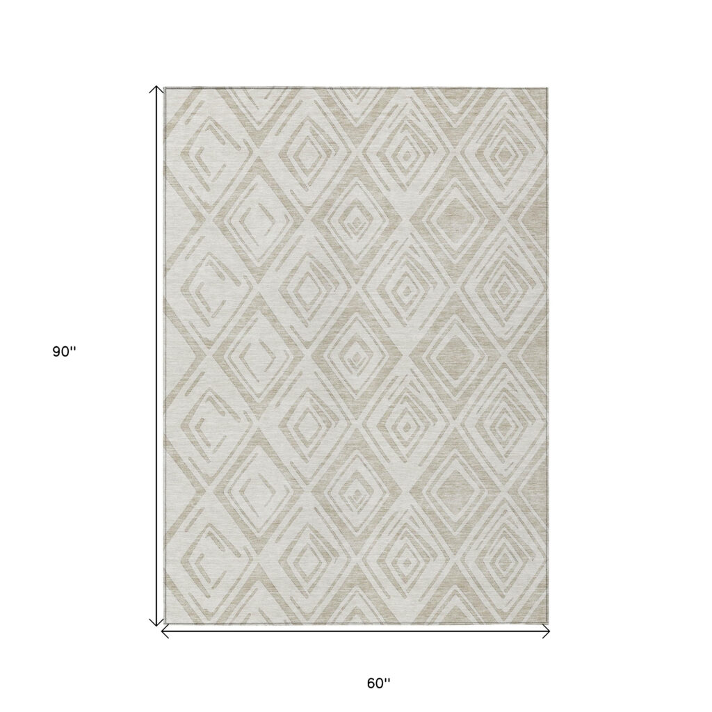 5' X 8' Beige And Ivory Geometric Washable Indoor Outdoor Area Rug