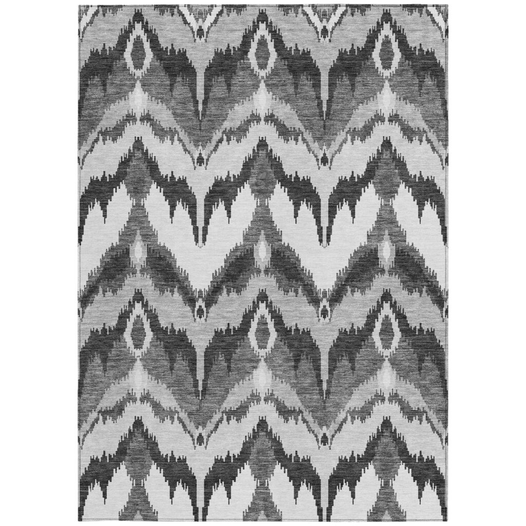 5' X 8' Gray Silver And Charcoal Ikat Washable Indoor Outdoor Area Rug