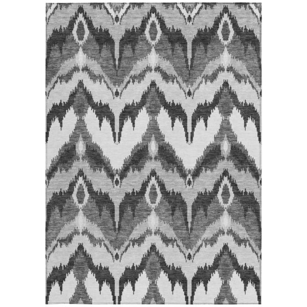 5' X 8' Gray Silver And Charcoal Ikat Washable Indoor Outdoor Area Rug