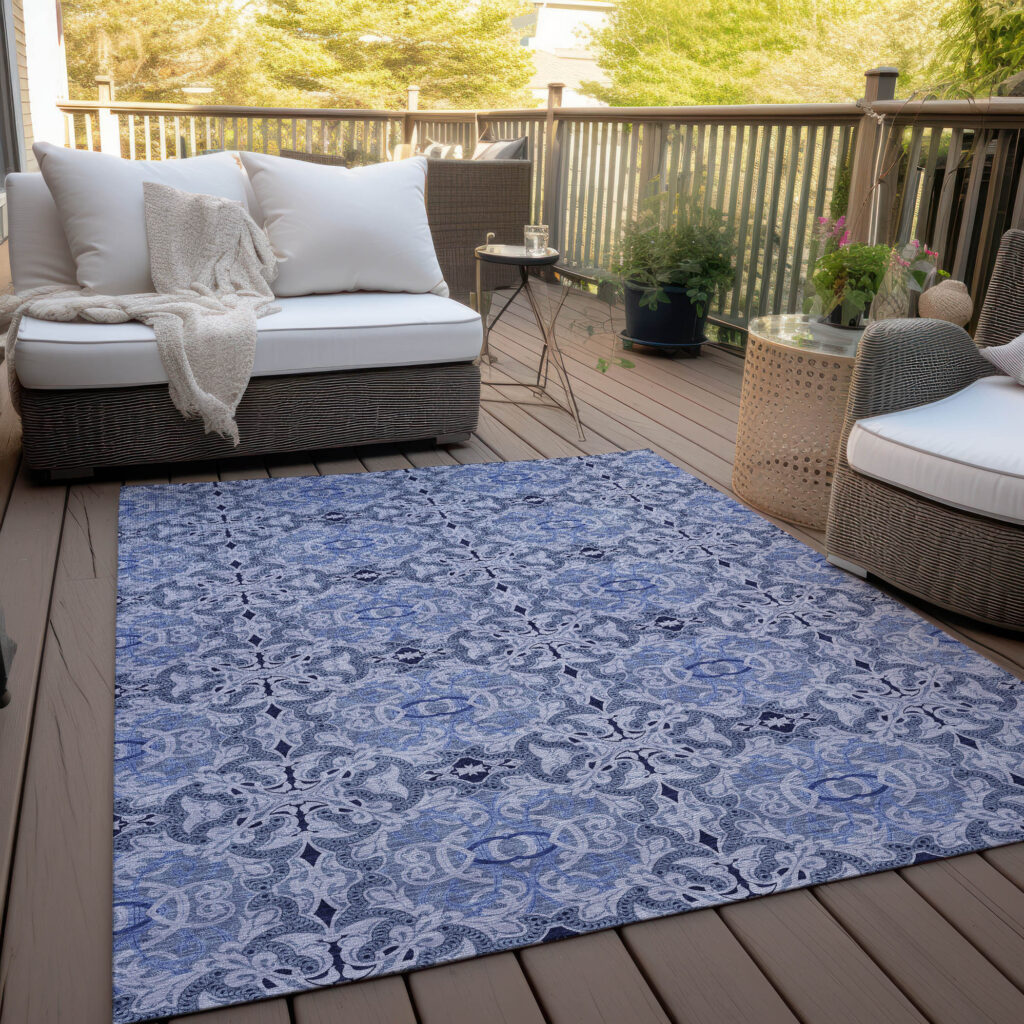 5' X 8' Navy Blue And Sky Blue Medallion Washable Indoor Outdoor Area Rug