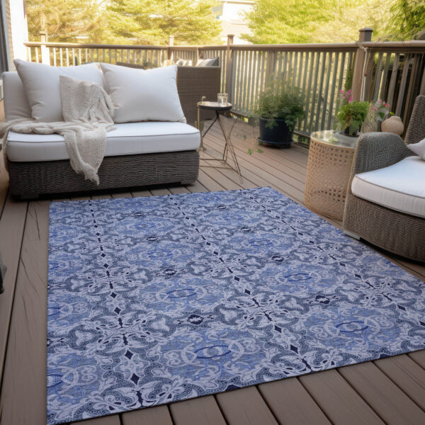 5' X 8' Navy Blue And Sky Blue Medallion Washable Indoor Outdoor Area Rug
