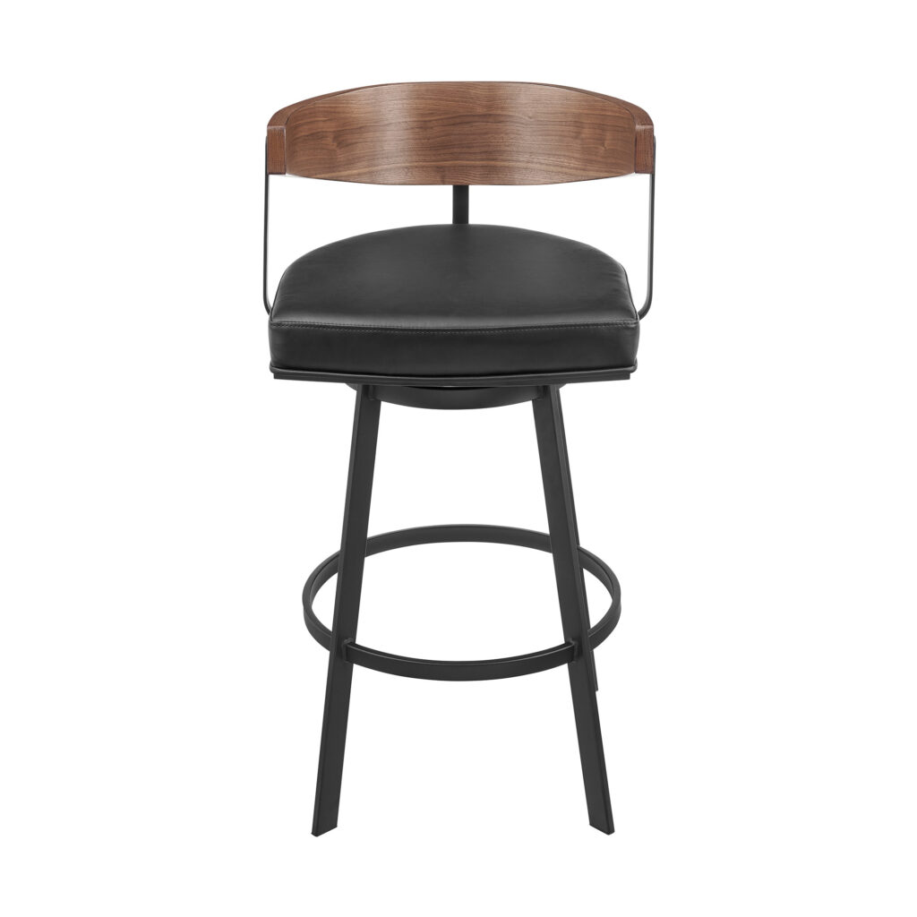 30" Black and Brown Faux Leather and Iron Low Back Bar Height Swivel Bar Chair