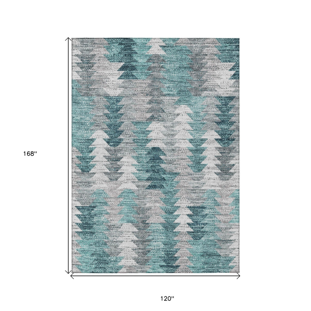 10' X 14' Dark Blue Aqua And Gray Geometric Washable Indoor Outdoor Area Rug