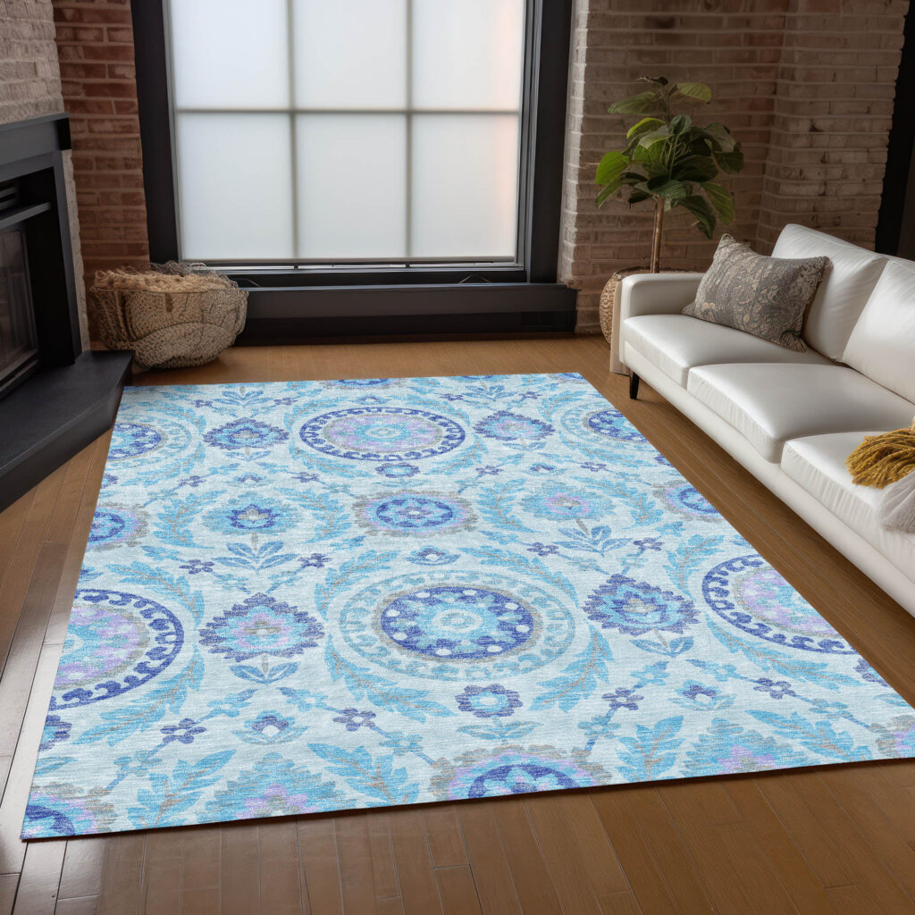 9' X 12' Sky Blue And Lavender Floral Washable Indoor Outdoor Area Rug