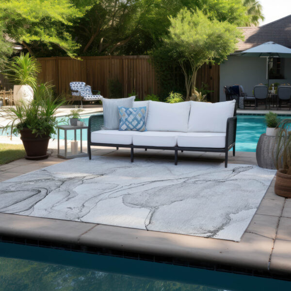 3' X 5' Silver Abstract Washable Non Skid Indoor Outdoor Area Rug
