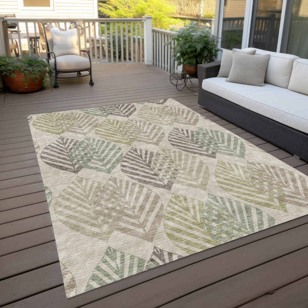 5' X 8' Beige Taupe And Artichoke Green Floral Washable Indoor Outdoor Area Rug