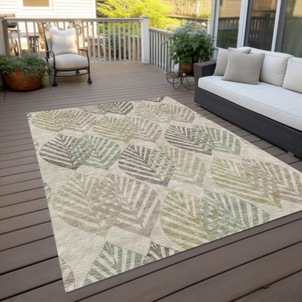 5' X 8' Beige Taupe And Artichoke Green Floral Washable Indoor Outdoor Area Rug