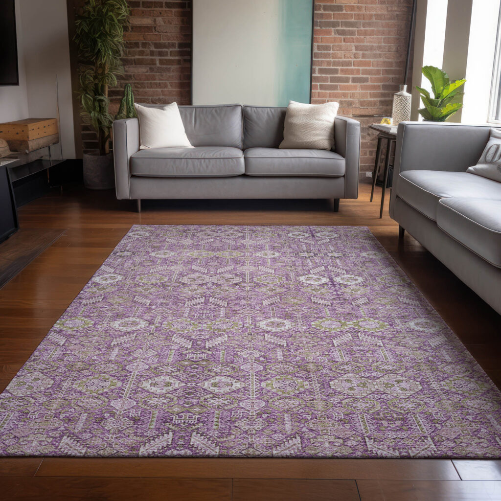3' X 5' Lavender and Ivory Floral Washable Non Skid Indoor Outdoor Area Rug