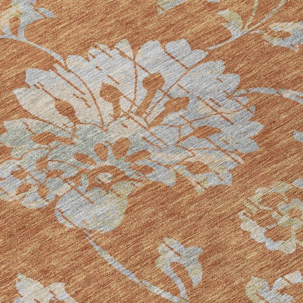 9' X 12' Orange Copper And Gray Floral Washable Indoor Outdoor Area Rug