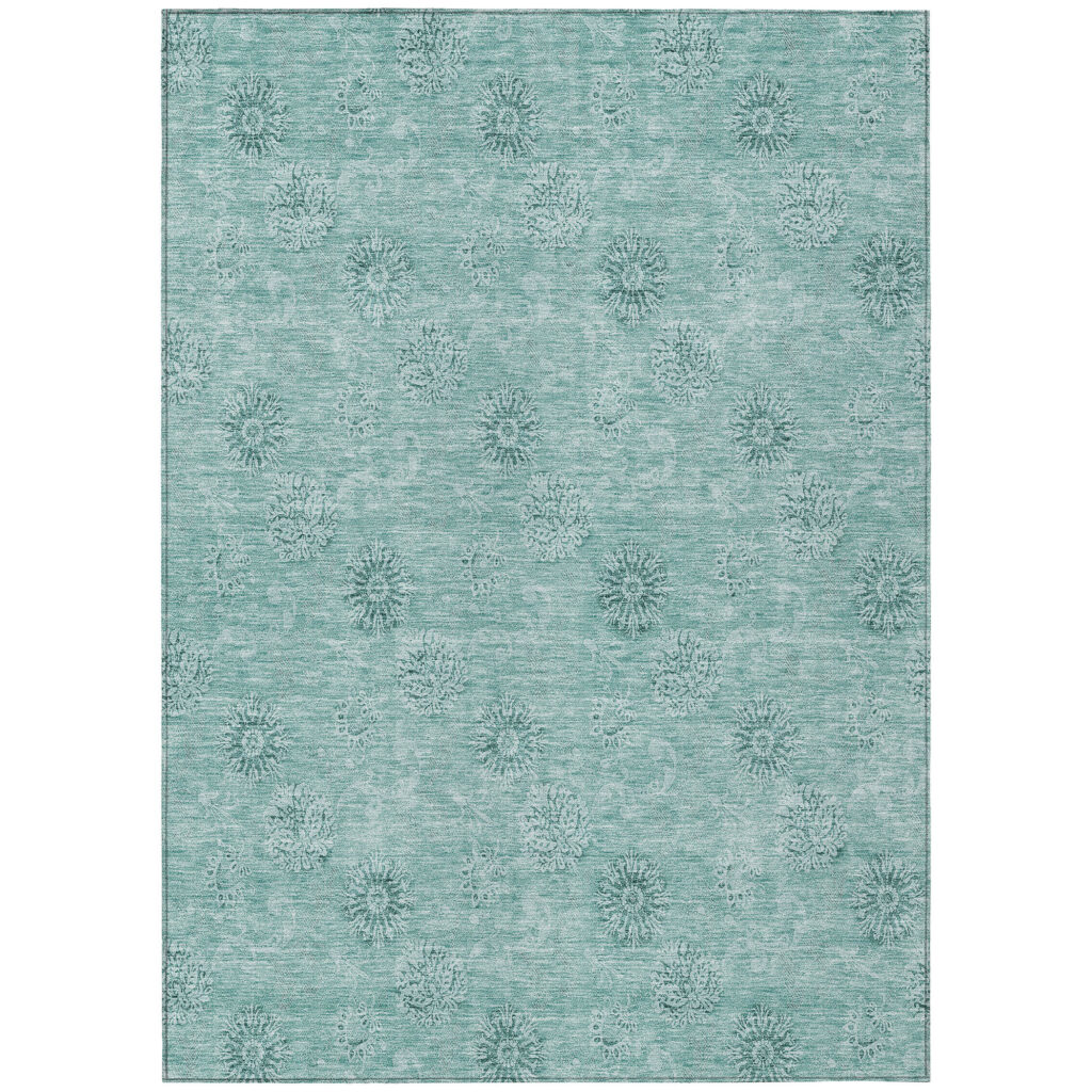 10' X 14' Teal Blue And Ivory Floral Washable Indoor Outdoor Area Rug
