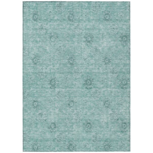 10' X 14' Teal Blue And Ivory Floral Washable Indoor Outdoor Area Rug