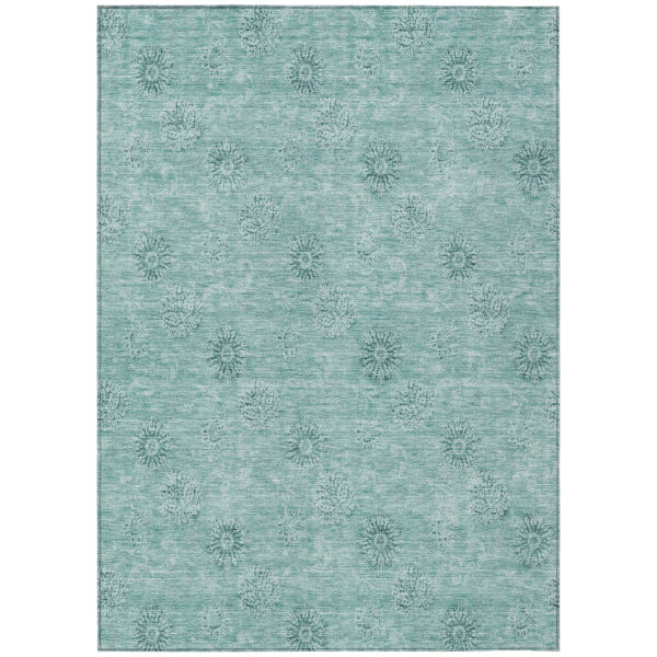 10' X 14' Teal Blue And Ivory Floral Washable Indoor Outdoor Area Rug
