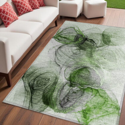 5' X 8' Olive Green Abstract Washable Non Skid Indoor Outdoor Area Rug