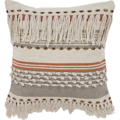 18" X 18" Beige and Red Striped Cotton Zippered Pillow With Fringe