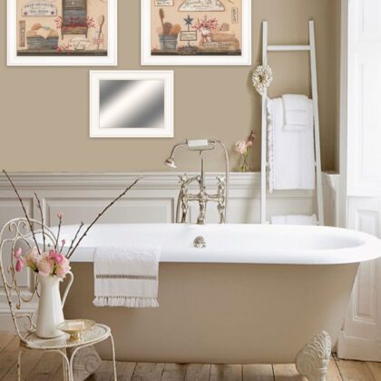 Set Of Three Wash Room White Frame Bathroom Wall Art and Mirror