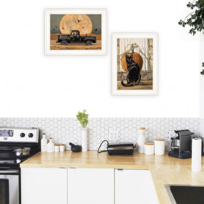 Set Of Two Harvest Moon With A Black Cat And Truck 1 White Framed Print Wall Art