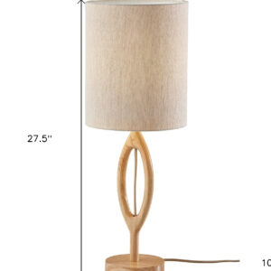 28" Natural Solid Wood Round Table Lamp With Beige Drum Shade