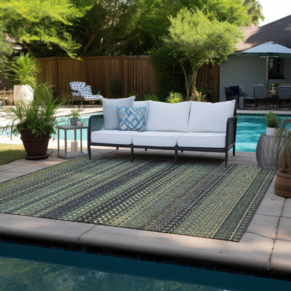 9' X 12' Sage Striped Washable Non Skid Indoor Outdoor Area Rug