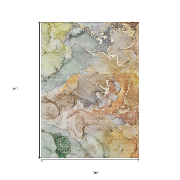 3' X 5' Gray and Gold Abstract Washable Non Skid Indoor Outdoor Area Rug