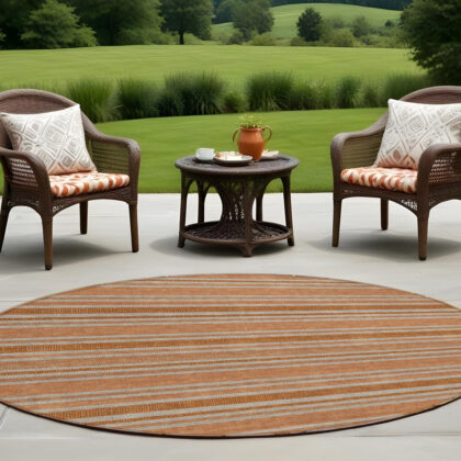 8' Round Beige and Orange Round Striped Washable Non Skid Indoor Outdoor Area Rug