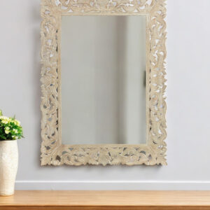 47" Antiqued White Solid Wood Carved Scrollwork Accent Mirror