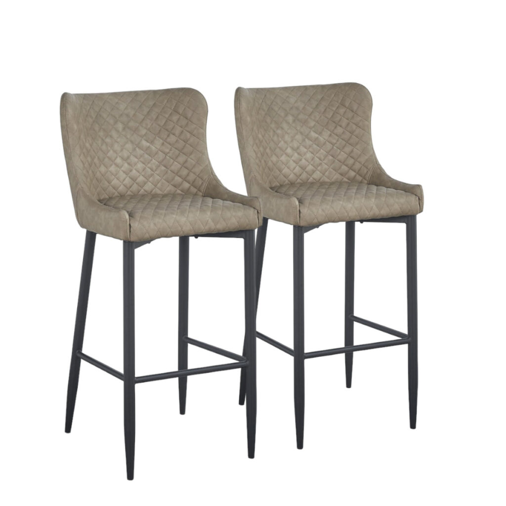 Set of Two 30" Gray and Black Faux Leather and Metal Low Back Bar Height Bar Chairs