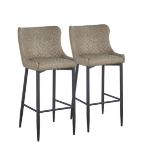 Set of Two 30" Gray and Black Faux Leather and Metal Low Back Bar Height Bar Chairs
