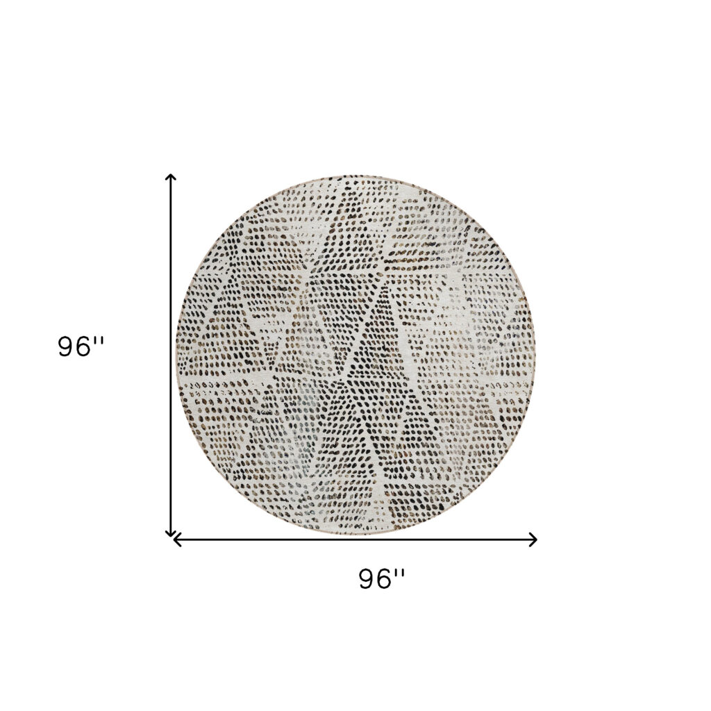 8' Ivory Charcoal And Beige Round Geometric Washable Indoor Outdoor Area Rug
