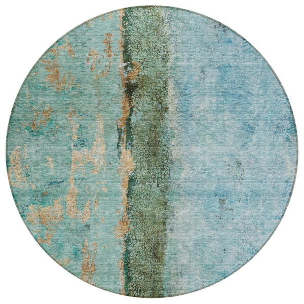8' Blue And Gold Round Abstract Washable Indoor Outdoor Area Rug