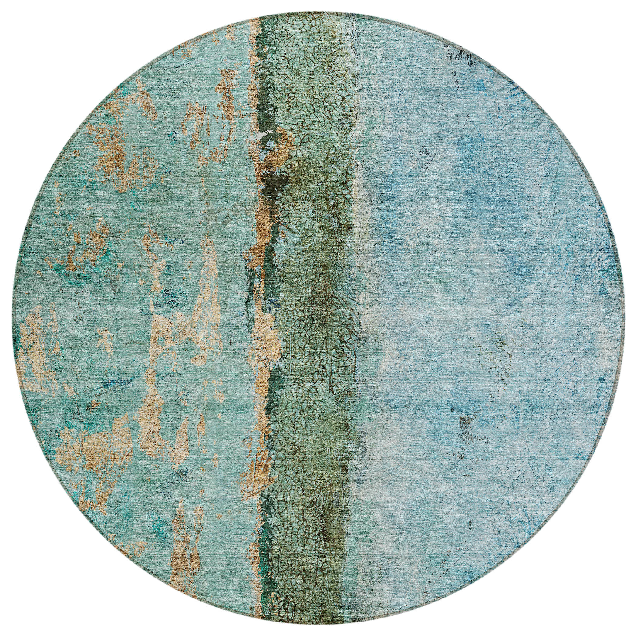 8' Blue And Gold Round Abstract Washable Indoor Outdoor Area Rug