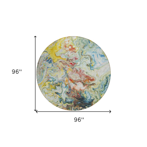 8' Ivory Blue And Yellow Round Abstract Washable Indoor Outdoor Area Rug