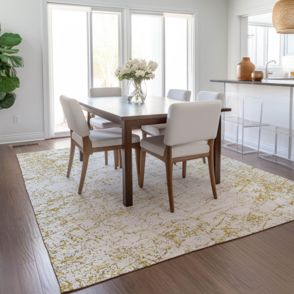 3' X 5' Gold And Ivory Abstract Washable Indoor Outdoor Area Rug