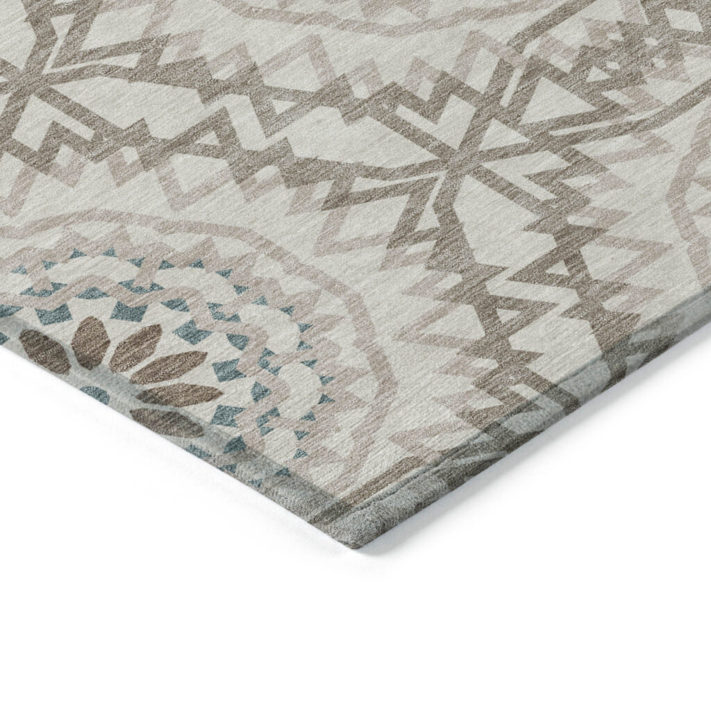 10' X 14' Beige Brown And Teal Blue Floral Medallion Washable Indoor Outdoor Area Rug