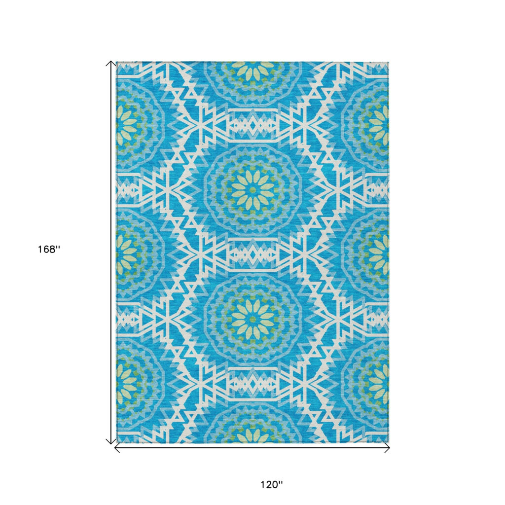 10' X 14' Ivory And Sky Blue Floral Medallion Washable Indoor Outdoor Area Rug