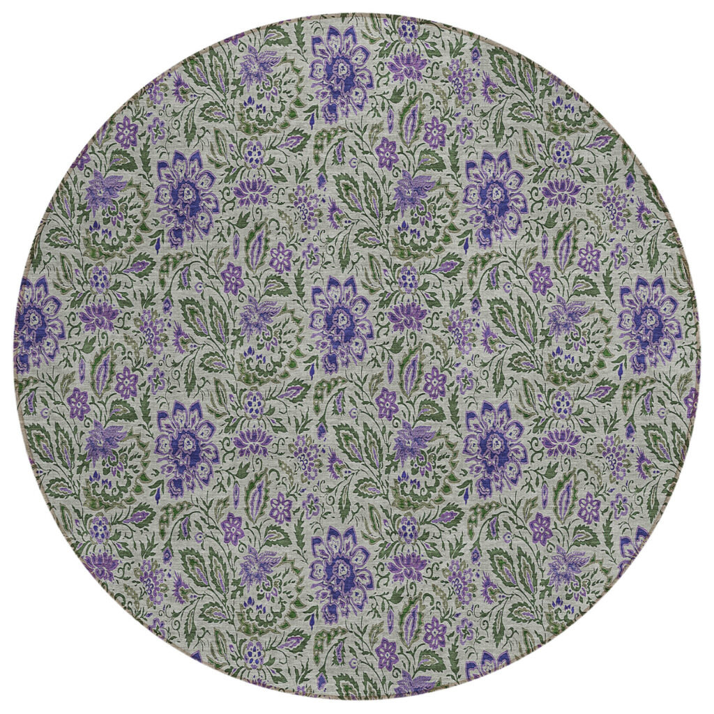 8' Olive Green Sage And Purple Round Floral Washable Indoor Outdoor Area Rug