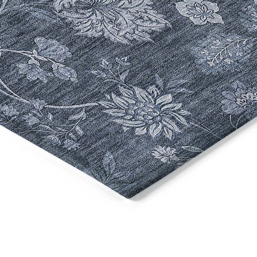 9' X 12' Denim Blue And Navy Blue Floral Washable Indoor Outdoor Area Rug