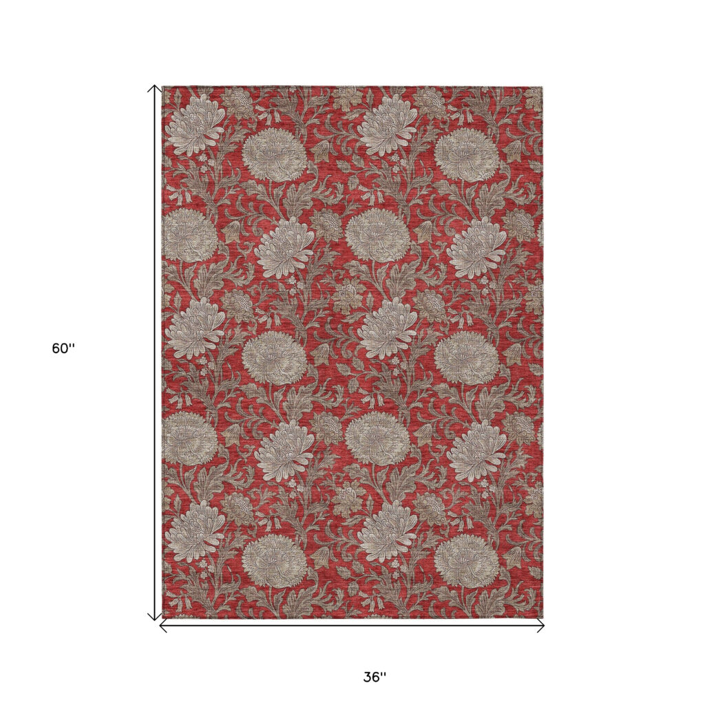 3' X 5' Red Taupe And Beige Floral Washable Indoor Outdoor Area Rug