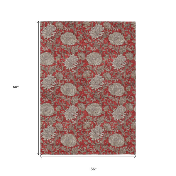 3' X 5' Red Taupe And Beige Floral Washable Indoor Outdoor Area Rug