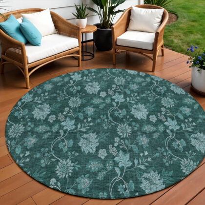 8' Teal Blue And Aqua Round Floral Washable Indoor Outdoor Area Rug