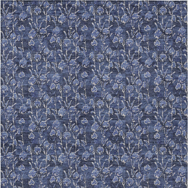 10' X 14' Navy Blue Denim Blue And Ivory Floral Washable Indoor Outdoor Area Rug