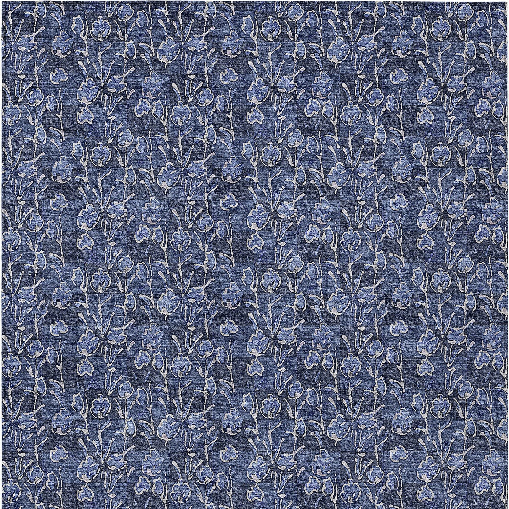 10' X 14' Navy Blue Denim Blue And Ivory Floral Washable Indoor Outdoor Area Rug