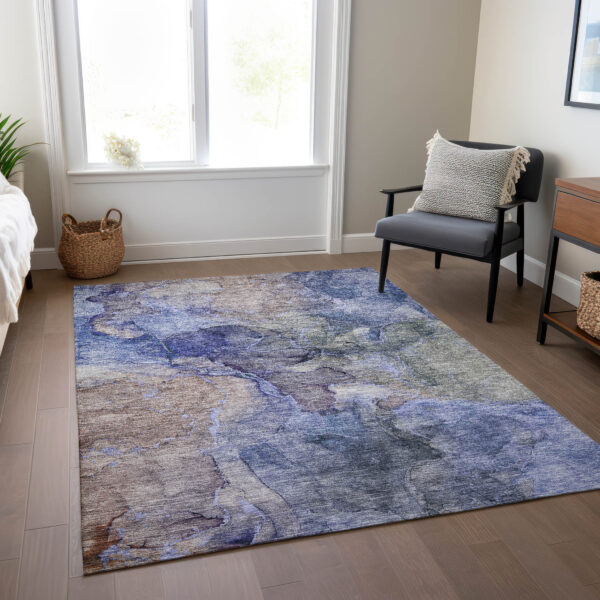 5' X 8' Navy Blue And Beige Abstract Washable Indoor Outdoor Area Rug